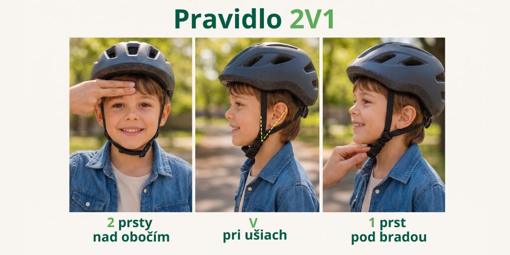 Infografika vysvetľujúca správne nasadenie helmy pre deti.